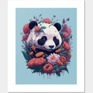 Cute smiling Giant Panda bear with florals t-shirt design, apparel, mugs, cases, wall art, stickers Posters and Art